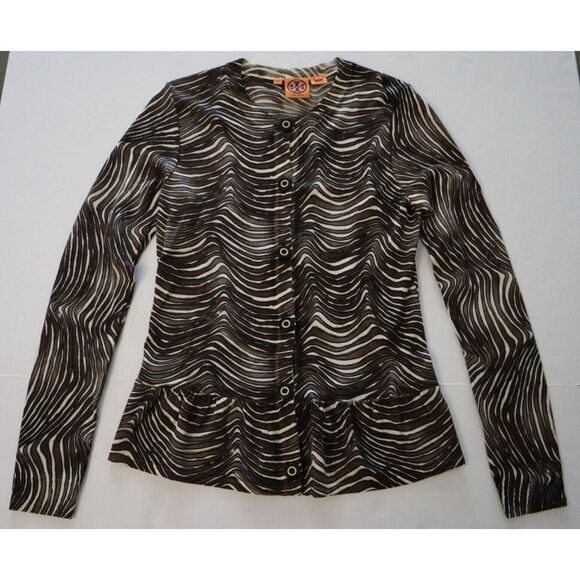 Tory Burch Women Sz S Brown Zebra Print Merino Wool Peplum Cardigan Sweater $398 - Picture 1 of 8